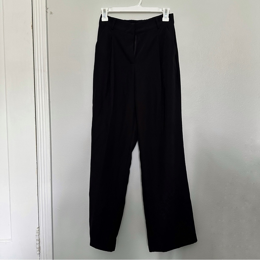 Black Straight Leg Slacks Pleated Trousers Dress Pants
